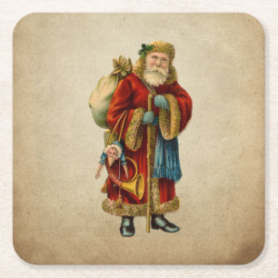 Vintage Christmas Old World Santa Claus Square Paper Coaster