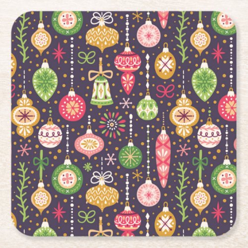 Vintage Christmas Ornament Pattern Square Paper Coaster