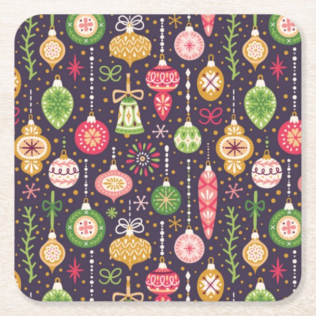 Vintage Christmas Ornament Pattern Square Paper Coaster (Front)