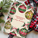 Vintage Christmas Ornament Personalized Kitchen Towel<br><div class="desc">Add a touch of vintage charm to your kitchen this holiday season with this personalized Christmas kitchen towel featuring classic ornaments in festive red and green. Perfect for adding a cozy, nostalgic feel to your holiday decor or gifting to a loved one. Customize it with your name to make it...</div>