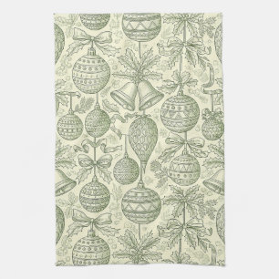 Vintage Christmas Ornament Toile Sage Green Cream Kitchen Towel