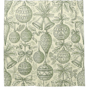 Vintage Christmas Ornament Toile Sage Green Cream Shower Curtain