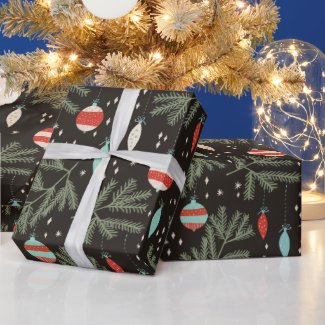 Vintage Christmas Ornaments Black Patterned Wrapping Paper