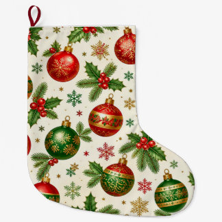 Vintage Christmas Ornaments & Holly Pattern – Red Large Christmas Stocking
