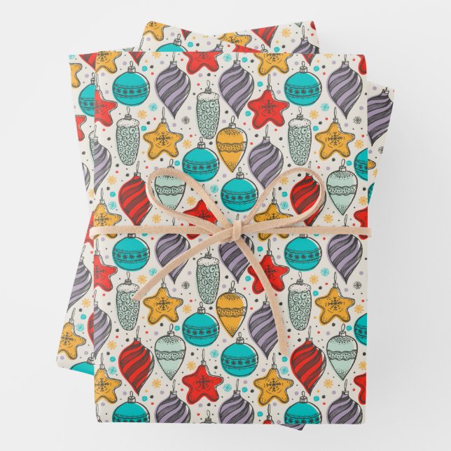 Vintage Christmas Ornaments Wrapping Paper Sheets (In situ)