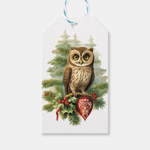 Vintage Christmas Owl Red Berries Ornament Pine Gift Tags