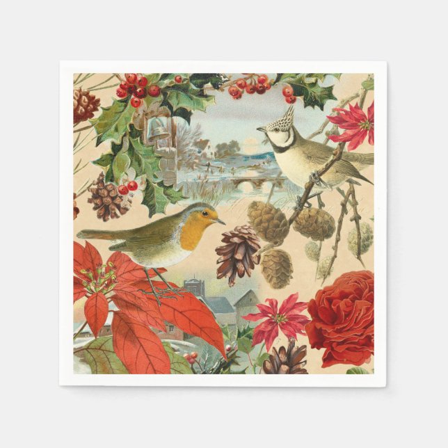Vintage Christmas paper napkins w/ birds & flower (Front)