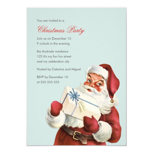 Vintage Christmas Party Jolly Santa Blue Holiday Invitation