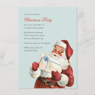 Vintage Christmas Party Jolly Santa Blue Holiday Invitation