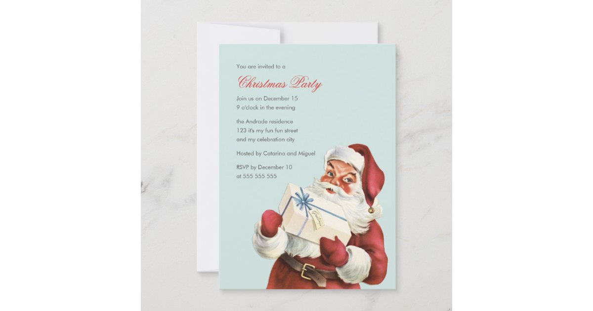 Vintage Christmas Party Jolly Santa Blue Holiday Invitation | Zazzle