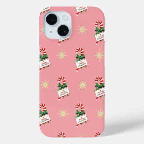 Vintage Christmas Pattern Candy Canes with Pink iPhone 15 Case