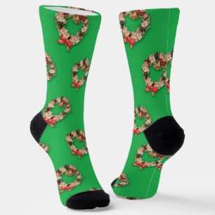 Vintage Christmas Pattern, Floral Wreaths on Green Socks