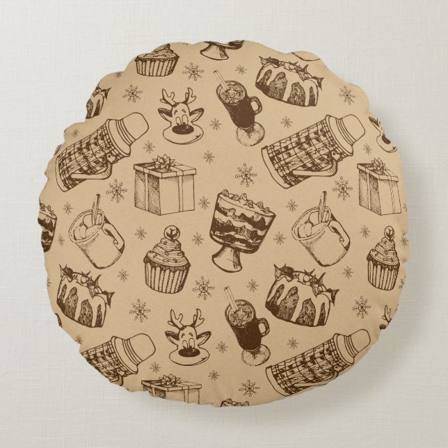 vintage christmas pattern hand drawn round pillow (Front)