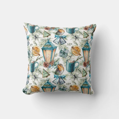 Vintage Christmas Pattern in Teal and Ivory Throw Pillow