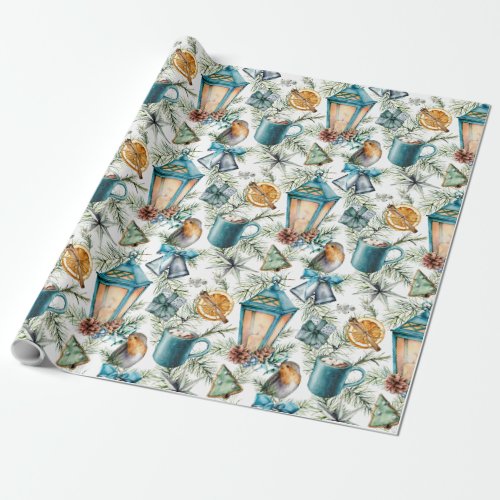 Vintage Christmas Pattern in Teal Ivory Tan Wrapping Paper
