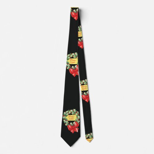 Vintage Christmas Pattern Merry Xmas in Wreath Neck Tie