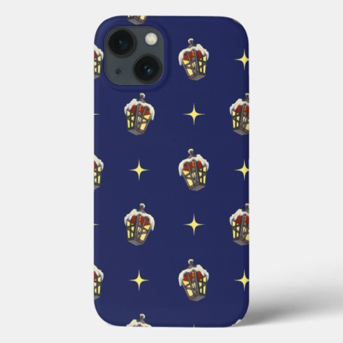 Vintage Christmas Pattern with a Lantern on Blue iPhone 13 Case