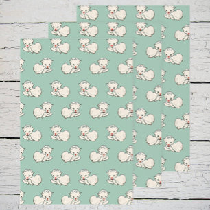 Vintage Christmas Pattern with Baby Lamb on Green Wrapping Paper Sheets