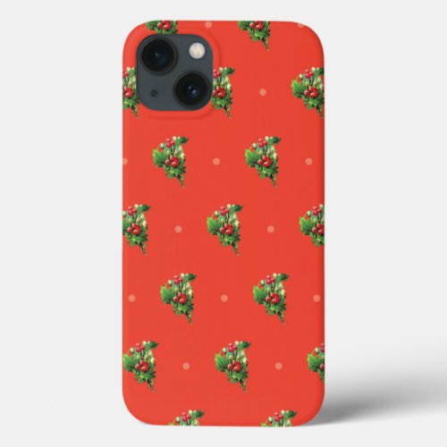 Vintage Christmas Pattern with Holly Berry Plants iPhone 13 Case