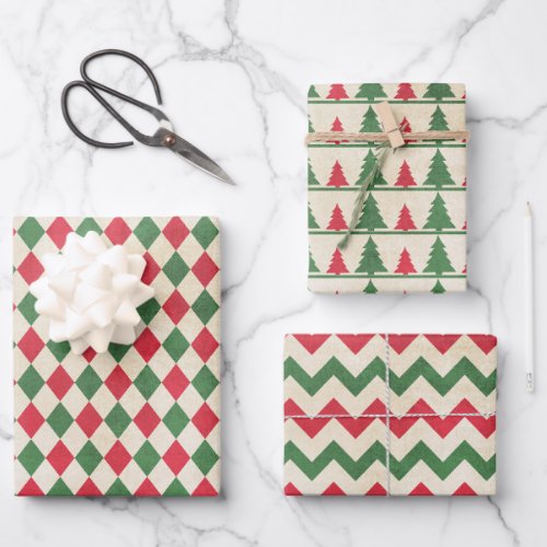 Vintage Christmas Patterns Trio Wrapping Paper Sheets