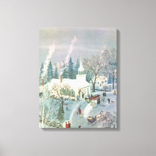 Vintage Christmas, People Going to Church in Snow Canvas Print