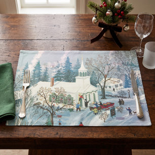 Vintage Christmas, People Going to Church in Snow Cloth Placemat
