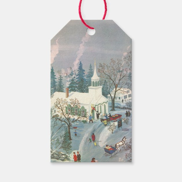 Vintage Christmas, People Going To Church In Snow Gift Tags
