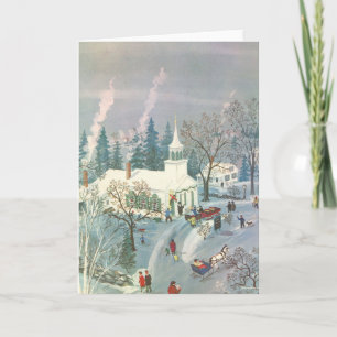 Vintage Christmas, People Going to Church in Snow Holiday Card