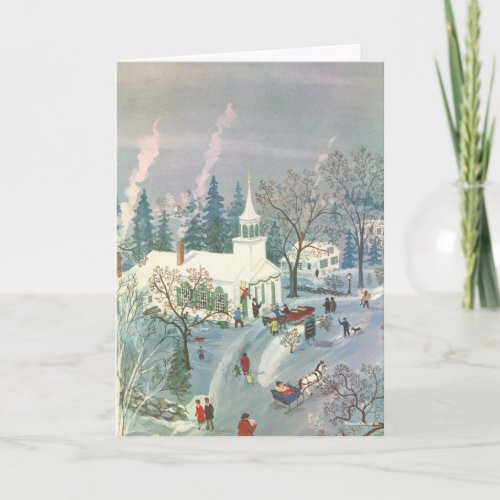 Vintage Christmas People Going to Church in Snow Holiday Card