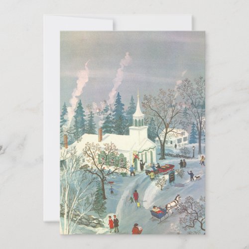 Vintage Christmas People Going to Church in Snow Holiday Card
