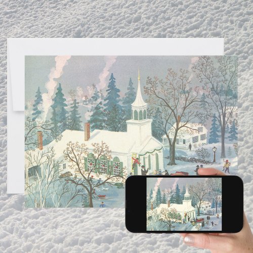 Vintage Christmas People Going to Church in Snow Holiday Card