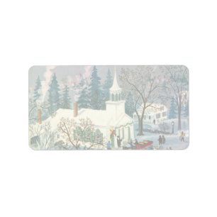 Vintage Christmas, People Going to Church in Snow Label