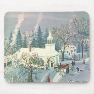 Vintage Christmas, People Going to Church in Snow Mouse Pad