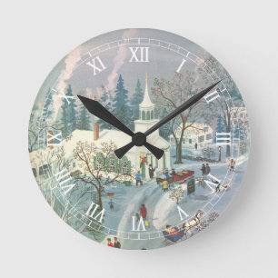 Vintage Christmas, People Going to Church in Snow Round Clock