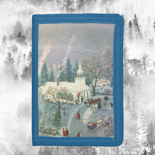 Vintage Christmas, People Going to Church in Snow Tri-fold Wallet