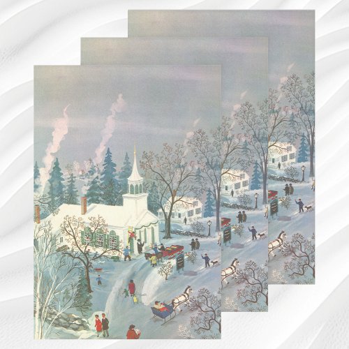 Vintage Christmas People Going to Church in Snow Wrapping Paper Sheets