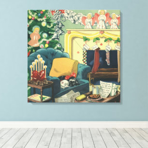 Vintage Christmas Pets in the Living Room Canvas Print