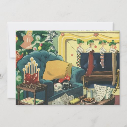 Vintage Christmas Pets in the Living Room Holiday Card