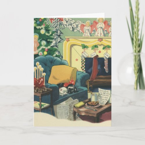 Vintage Christmas Pets in the Living Room Holiday Card