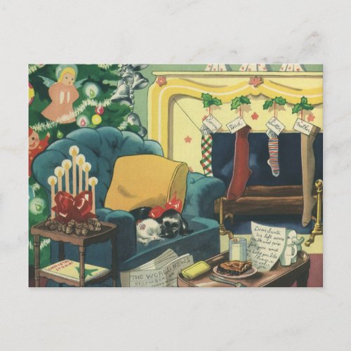Vintage Christmas Pets in the Living Room Holiday Postcard