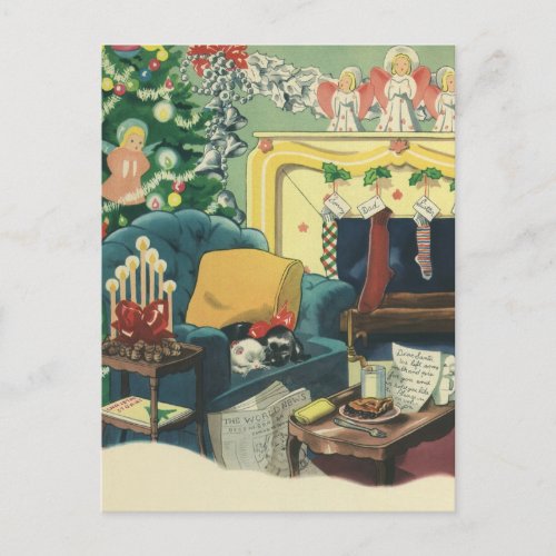 Vintage Christmas Pets in the Living Room Holiday Postcard