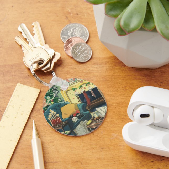 Vintage Christmas Pets in the Living Room Keychain (Desk)