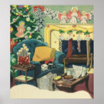 Vintage Christmas Pets in the Living Room Poster<br><div class="desc">Vintage illustration Merry Christmas holiday scene featuring an interior room of a house. A living room with a decorated Christmas tree, stockings hung by the fireplace, a snack and letter left for Santa Claus and the family pets (a kitten and a puppy dog) snuggle together asleep on the couch waiting...</div>