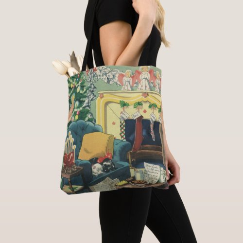 Vintage Christmas Pets in the Living Room Tote Bag