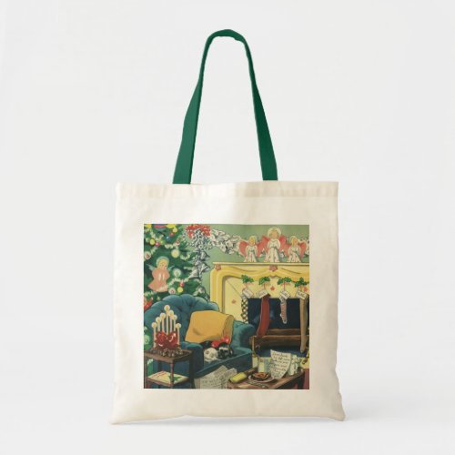 Vintage Christmas Pets in the Living Room Tote Bag