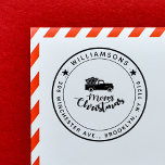 Vintage Christmas Pickup Truck Return Address Self-inking Stamp<br><div class="desc">This rustic design with a vintage feel features the pickup truck carrying Christmas trees, and Merry Christmas greetings in fancy calligraphy. On the outside, there is a family name and full return address, written in a simple, easy-to-read font. The name and address are divided by two small black stars. You...</div>