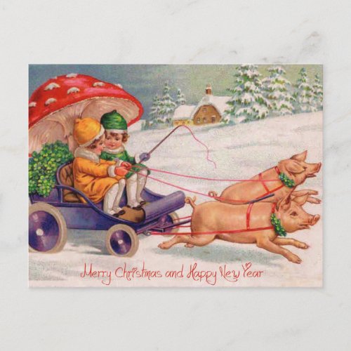 Vintage Christmas Pigs Pulling Girls In Mushroom H Holiday Postcard