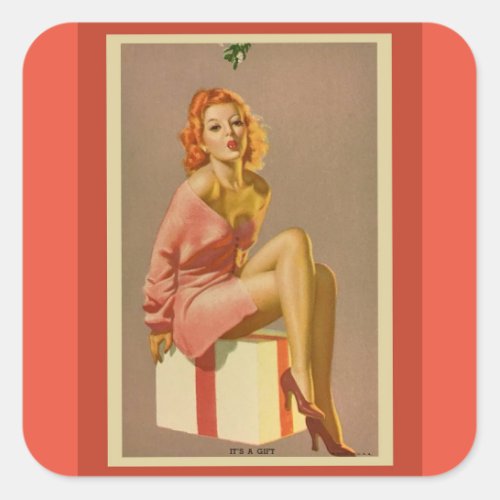 Vintage Christmas Pin up girl art Square Stickers