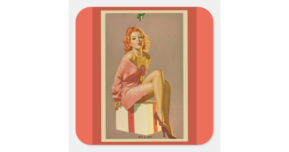 Vintage Christmas Pin Up Girl Art Square Stickers Zazzle