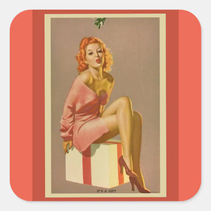 Vintage Christmas Pin up girl art Square Stickers Zazzle